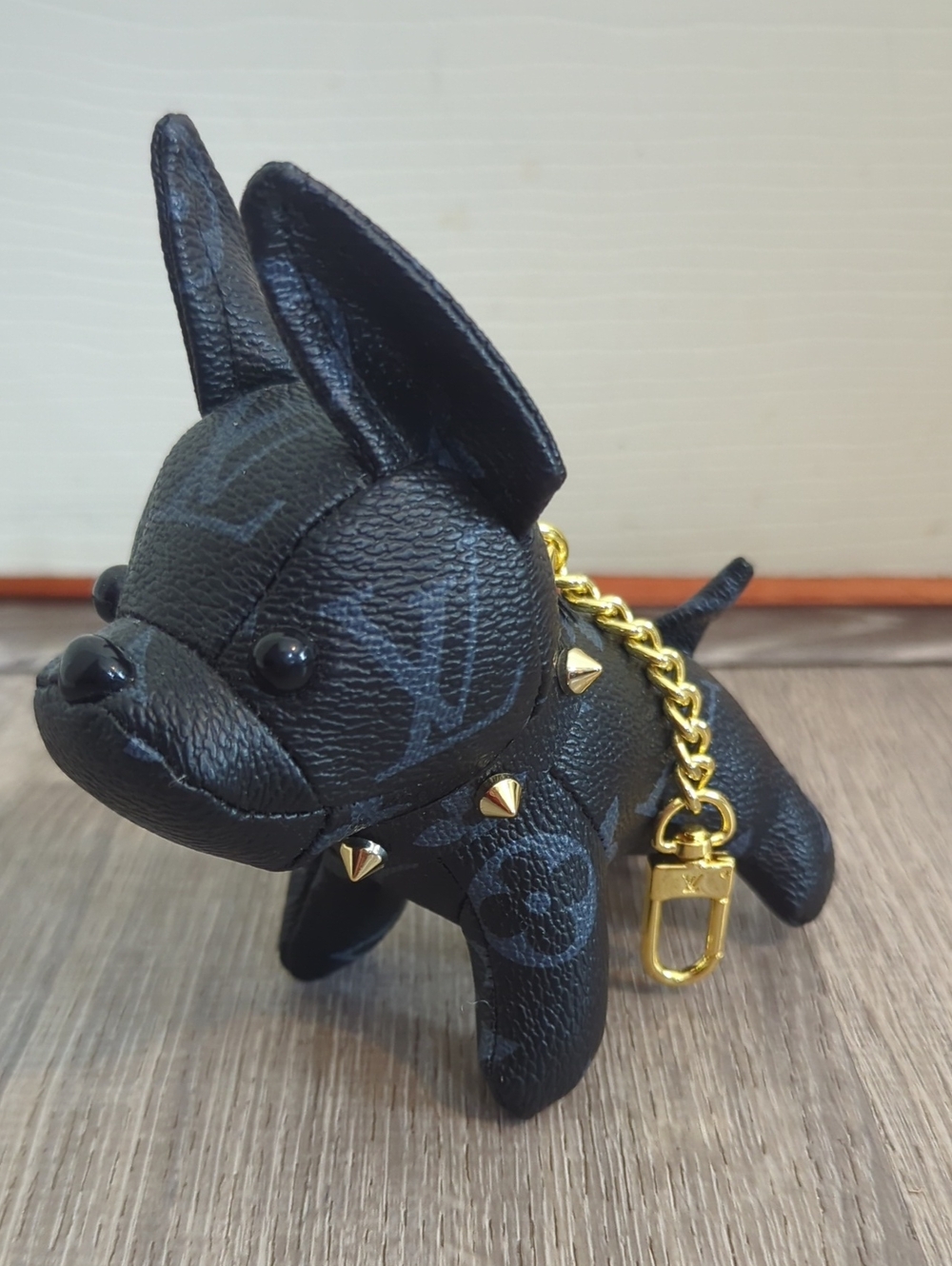 Designer-Style Faux Black Leather Dog Keychain Gold Chain